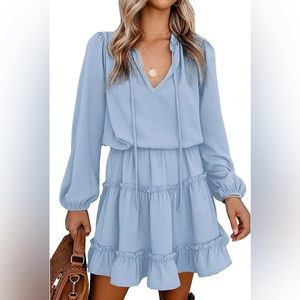 Women’s Tie Neck Ruffled Long Sleeve Dress in Light Blue (L)